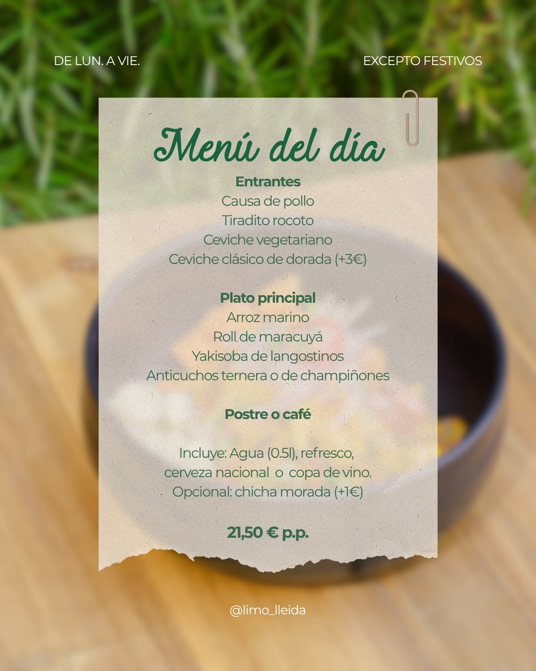 Carta visual del menú de migdia de LIMO amb els entrants, principals, beguda i preu